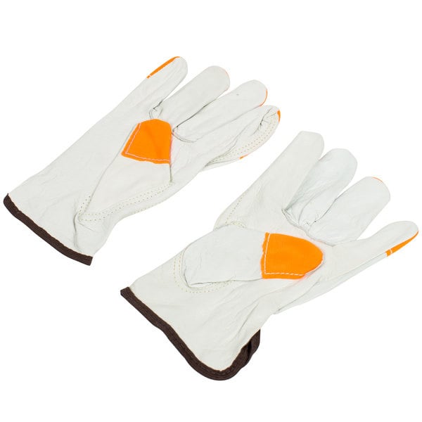 "Watch Your Hands" White/Fluorescent Orange Cowhide Gloves 12 Pack (4195B)