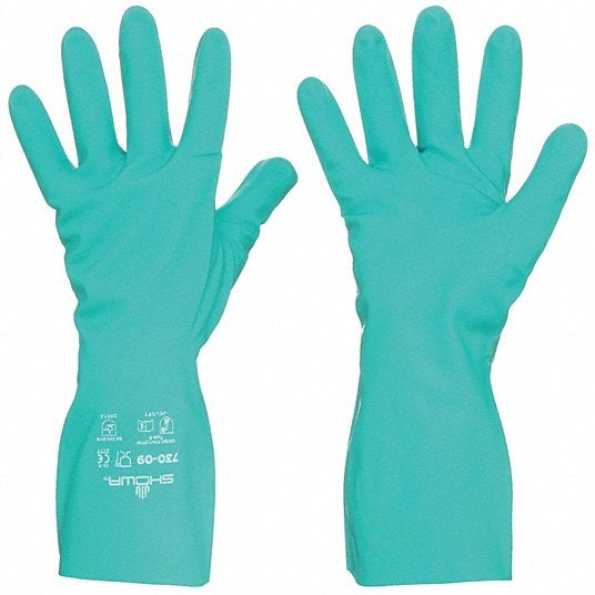 SHOWA Flock-Lined Nitrile Disposable Gloves, Gauntlet Cuff, Size 9/Large, Green - 1 DZ (845-730-09)