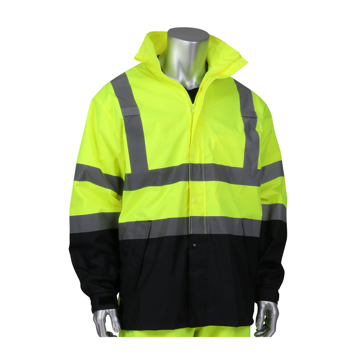 353-1200LY-S/M:  PIP Class E Hi-Vis Yellow All Purpose Waterproof Jacket with Black Bottoms.  Small / Med.
