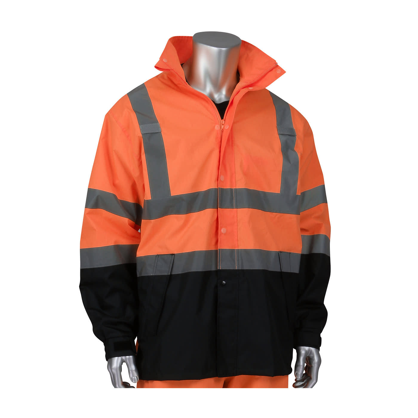 353-1200OR-S/M:  PIP Class E Hi-Vis Orange Waterproof Jacket w/ Black Bottoms. Sm / Med.
