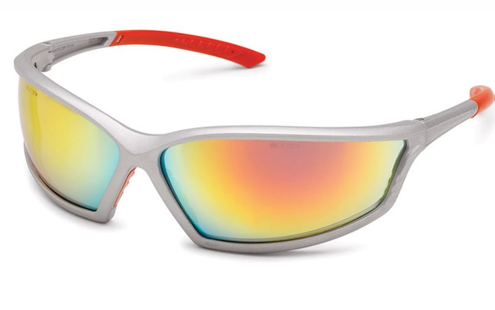 4 x 4 Wraparound Safety Glasses Silver Sport Frame / Sunset Red Mirror Lens