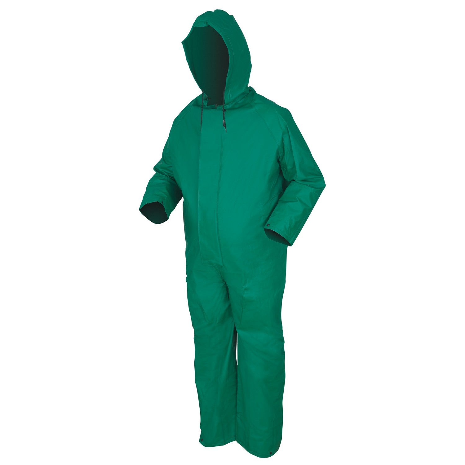 3881: PVC/Polyester/PVC Green coverall, elastic inner sleeve, zipper front.
