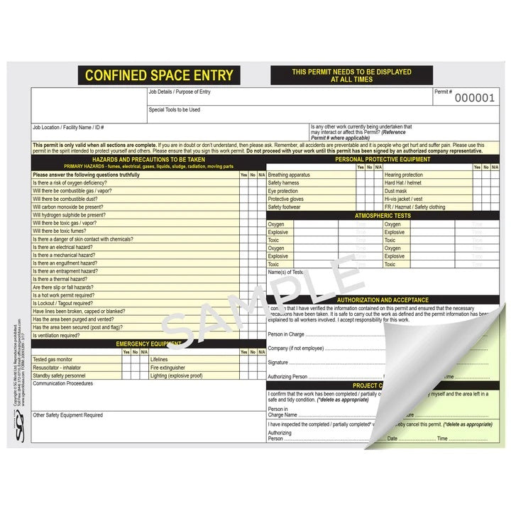 WP3CS-US - Confined Space Work Permits - 3-Part Form with Confined Space Danger Sign on Back (Pack of 10)