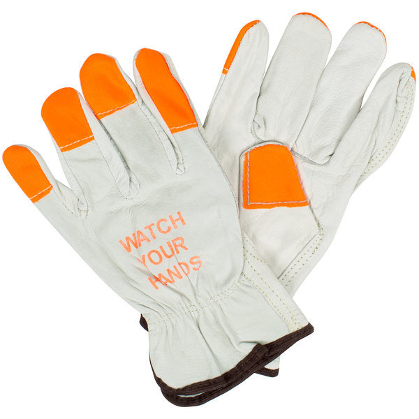 "Watch Your Hands" White/Fluorescent Orange Cowhide Gloves 12 Pack (4195B)
