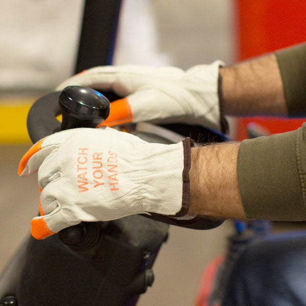 Guantes de piel de vaca "Cuidado con las manos" blancos/naranja fluorescente, paquete de 12 (4195B)