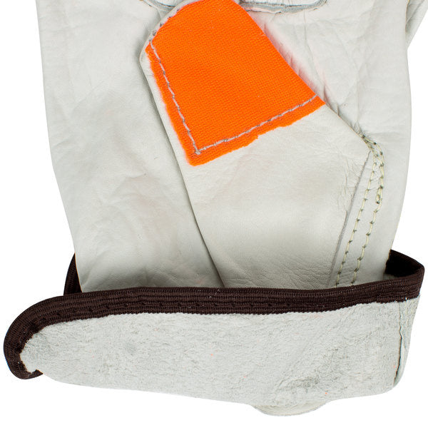 Guantes de piel de vaca "Cuidado con las manos" blancos/naranja fluorescente, paquete de 12 (4195B)