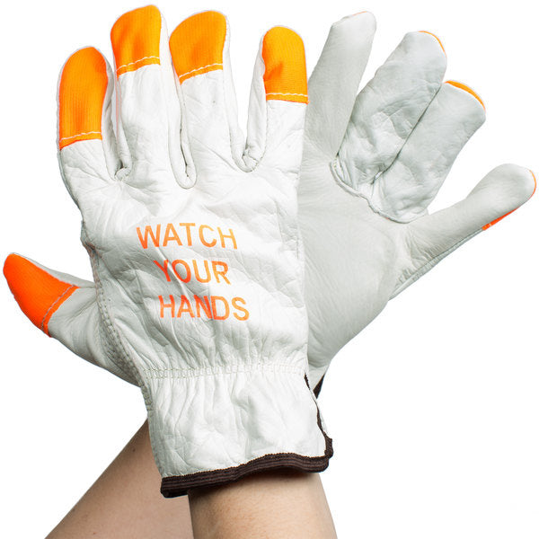 Guantes de piel de vaca "Cuidado con las manos" blancos/naranja fluorescente, paquete de 12 (4195B)