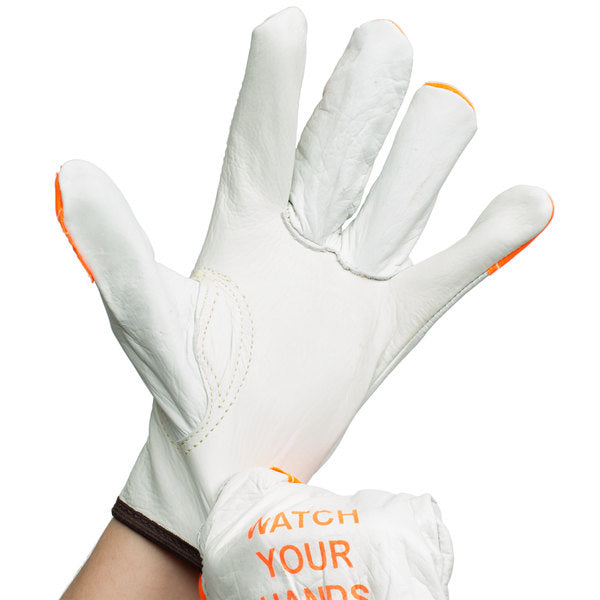 Guantes de piel de vaca "Cuidado con las manos" blancos/naranja fluorescente, paquete de 12 (4195B)