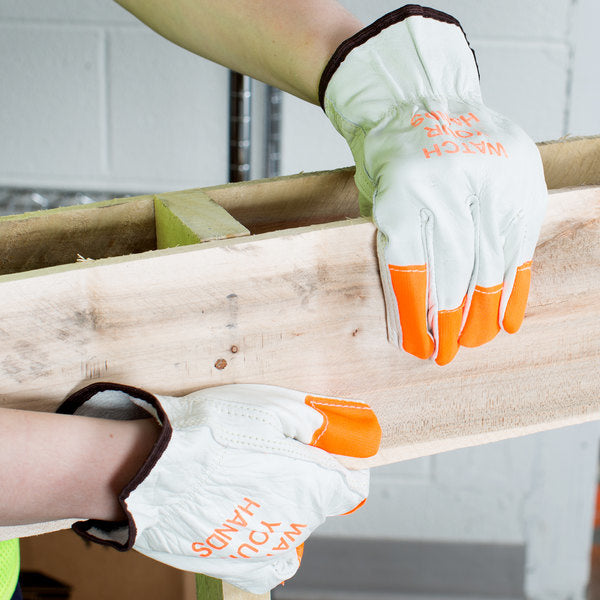 Guantes de piel de vaca "Cuidado con las manos" blancos/naranja fluorescente, paquete de 12 (4195B)