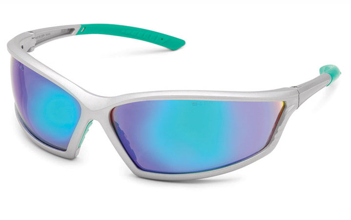 Gafas deportivas de seguridad envolventes 4 x 4 con marco deportivo plateado y lente de espejo verde iridiscente