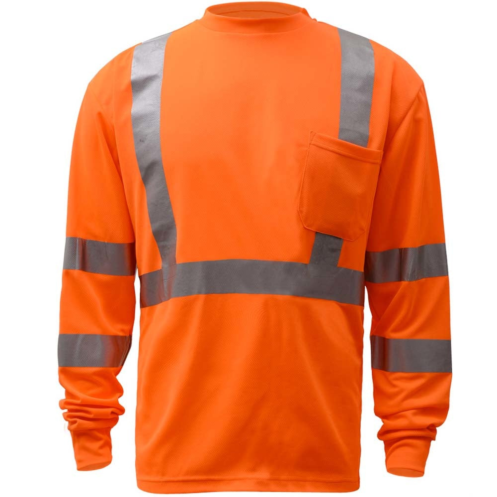 Camiseta de seguridad de manga larga con absorción de humedad, clase 3 estándar, con bolsillo en el pecho, color naranja