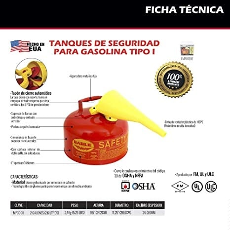 Bidón de seguridad para gasolina de 2 galones