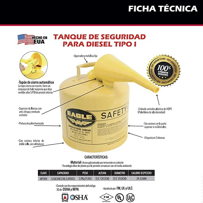 Bidón de seguridad para diésel de 5 galones