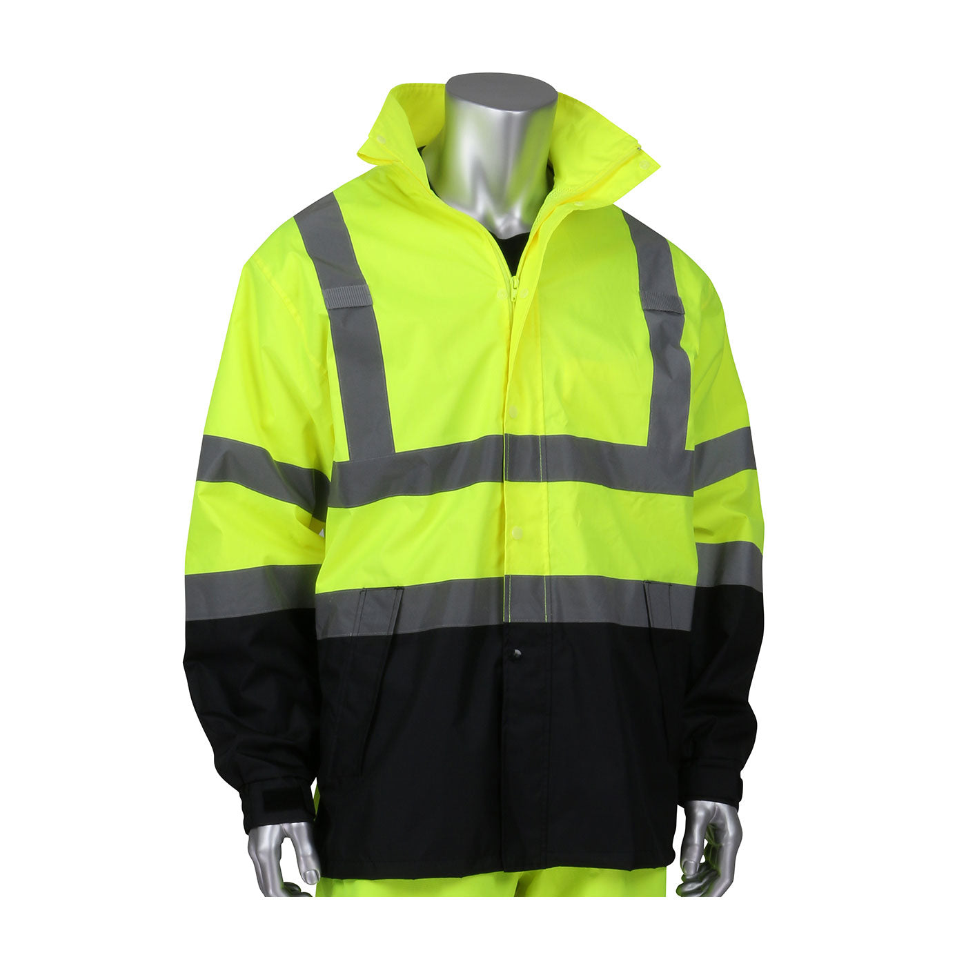 353-1200LY-L/XL   PIP Class E Hi-Vis Yellow All Purpose Waterproof Jacket with Black Bottoms