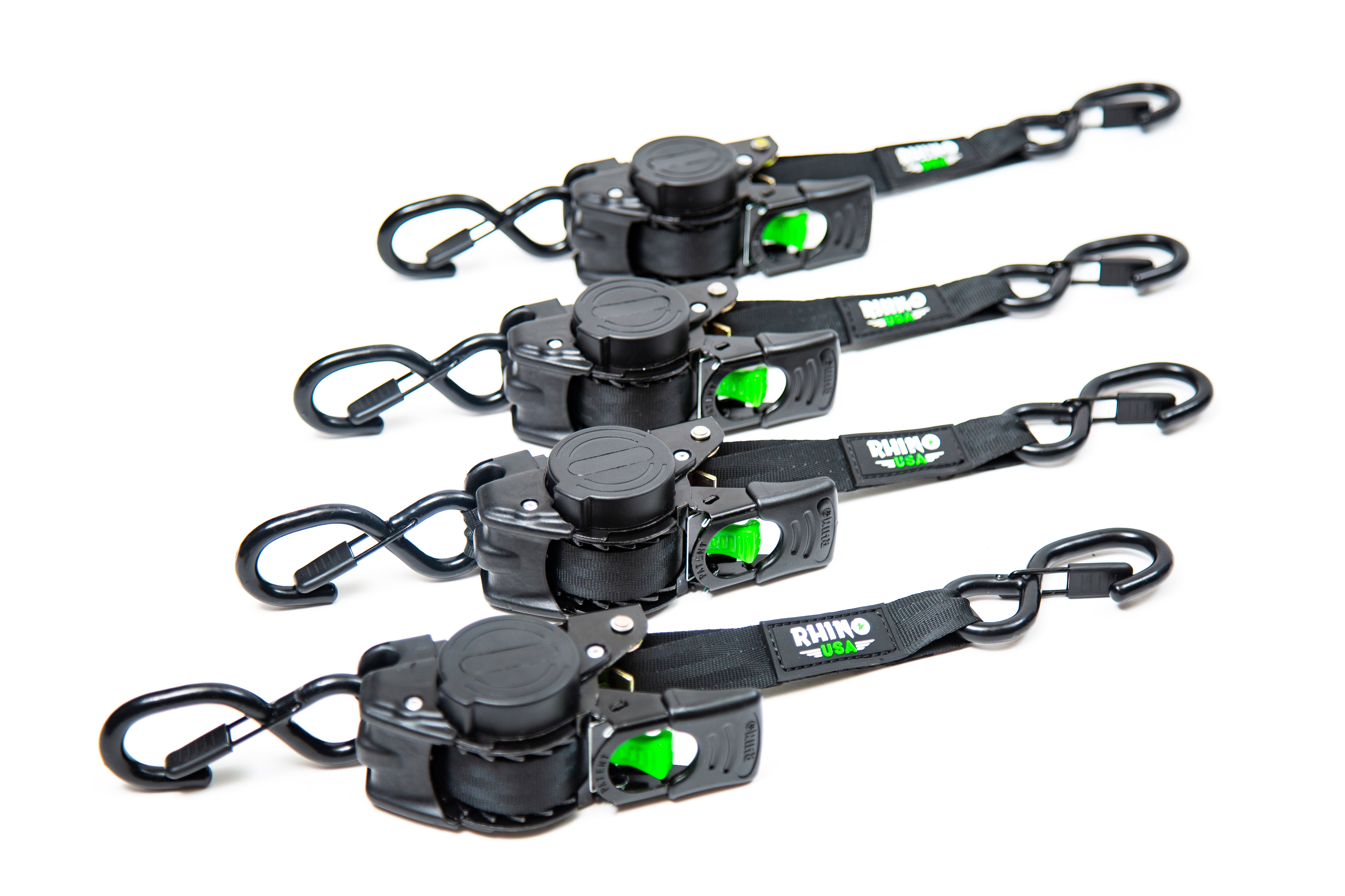 TD-RSRE1X10-BLK-R:   Rhino USA Retractable Ratchet Straps [1 in. x 10 ft., Black, Set of 4]