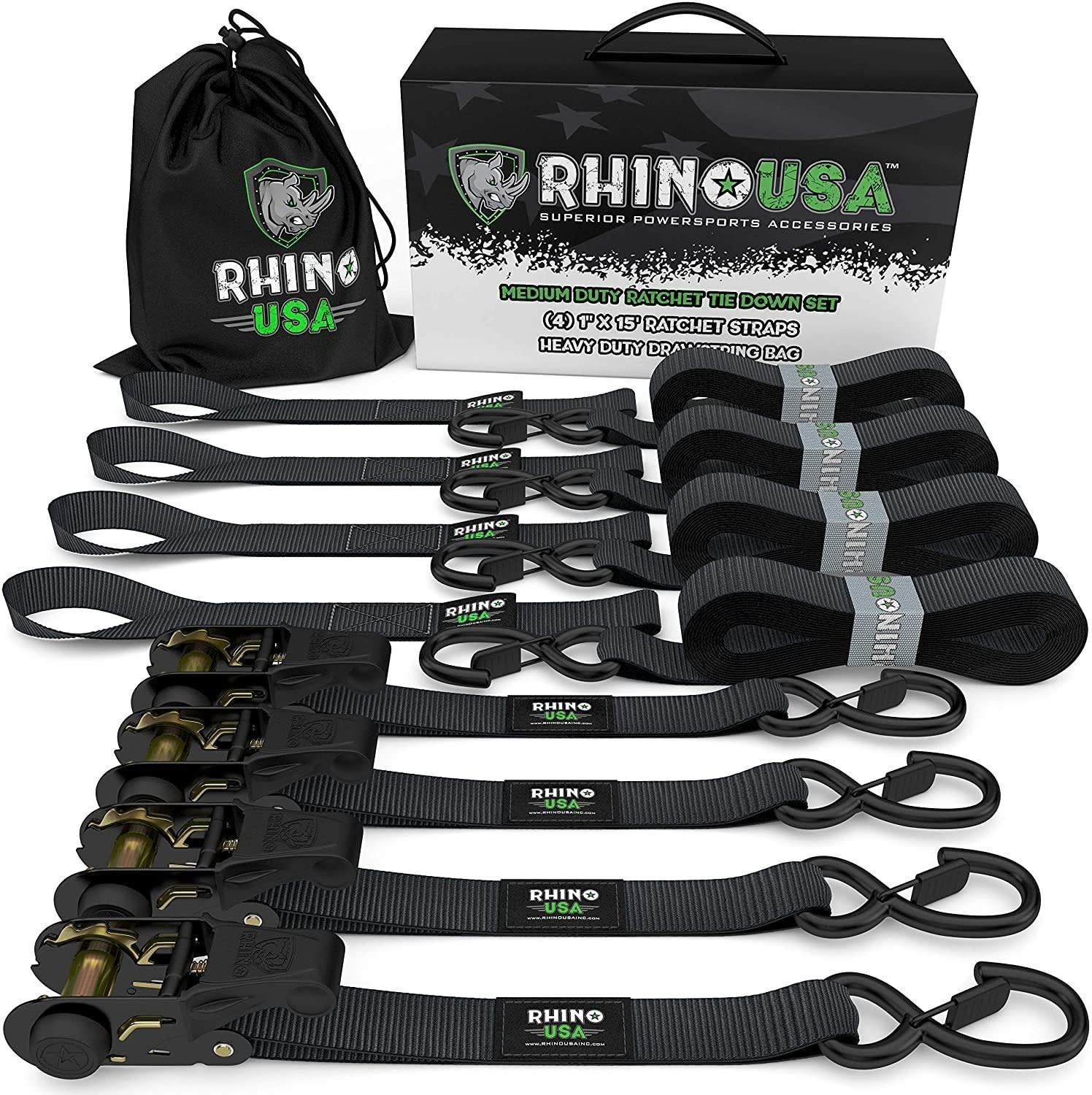GMG-R1-4PACK:  1" x 15' Ratchet Tie-Down Set (4-Pack)