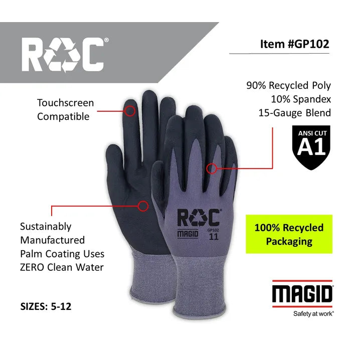 GP102 - Guantes de trabajo ligeros ROC de tejido a máquina con palma recubierta de espuma de nitrilo. (1 docena)