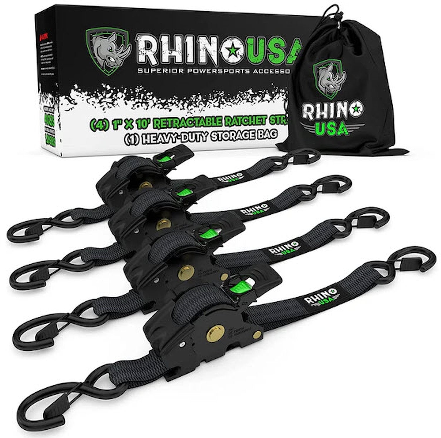 TD-RSRE1X10-BLK-R:   Rhino USA Retractable Ratchet Straps [1 in. x 10 ft., Black, Set of 4]