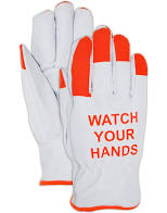Guantes de piel de vaca "Cuidado con las manos" blancos/naranja fluorescente, paquete de 12 (4195B)