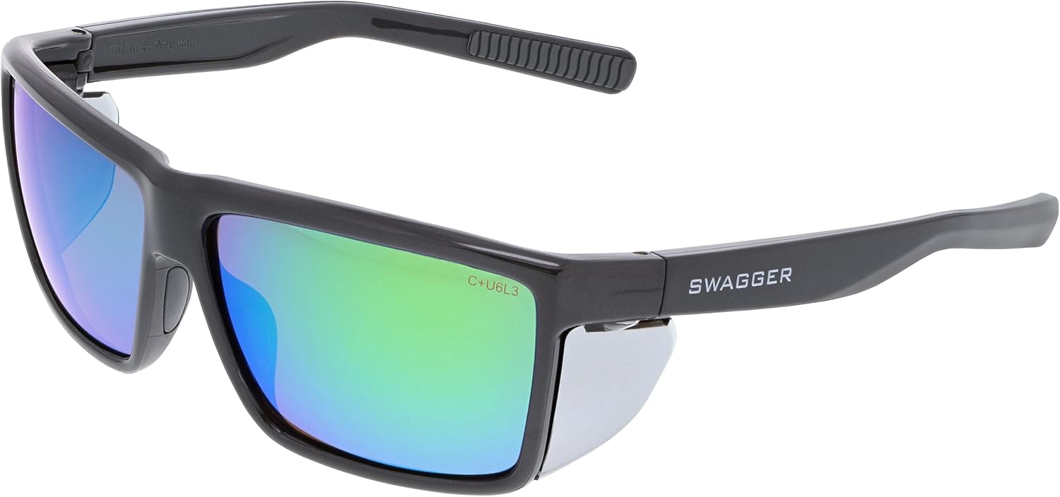 Swagger SR2 Series Safety Glasses, Charcoal Frame, Green Mirror Lens