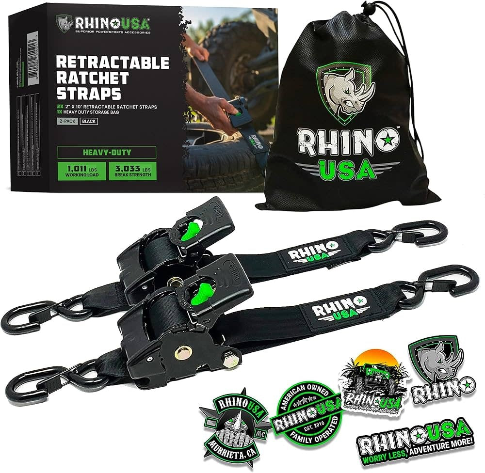 TD-RSRE2X10-BLK-R:   Rhino USA Retractable Ratchet Straps [2 in. x 10 ft., Black, Set of 2]