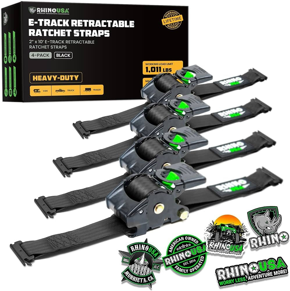 TD-RSRE2X10-ETRK-4BLK:  RHINO 2" x 10' Retractable E-Track Ratchet Straps (4-Pack / Black).